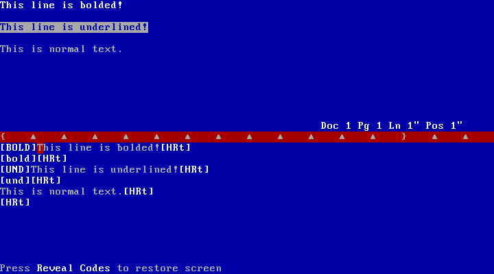 WordPerfect showing formatted text with Reveal Codes